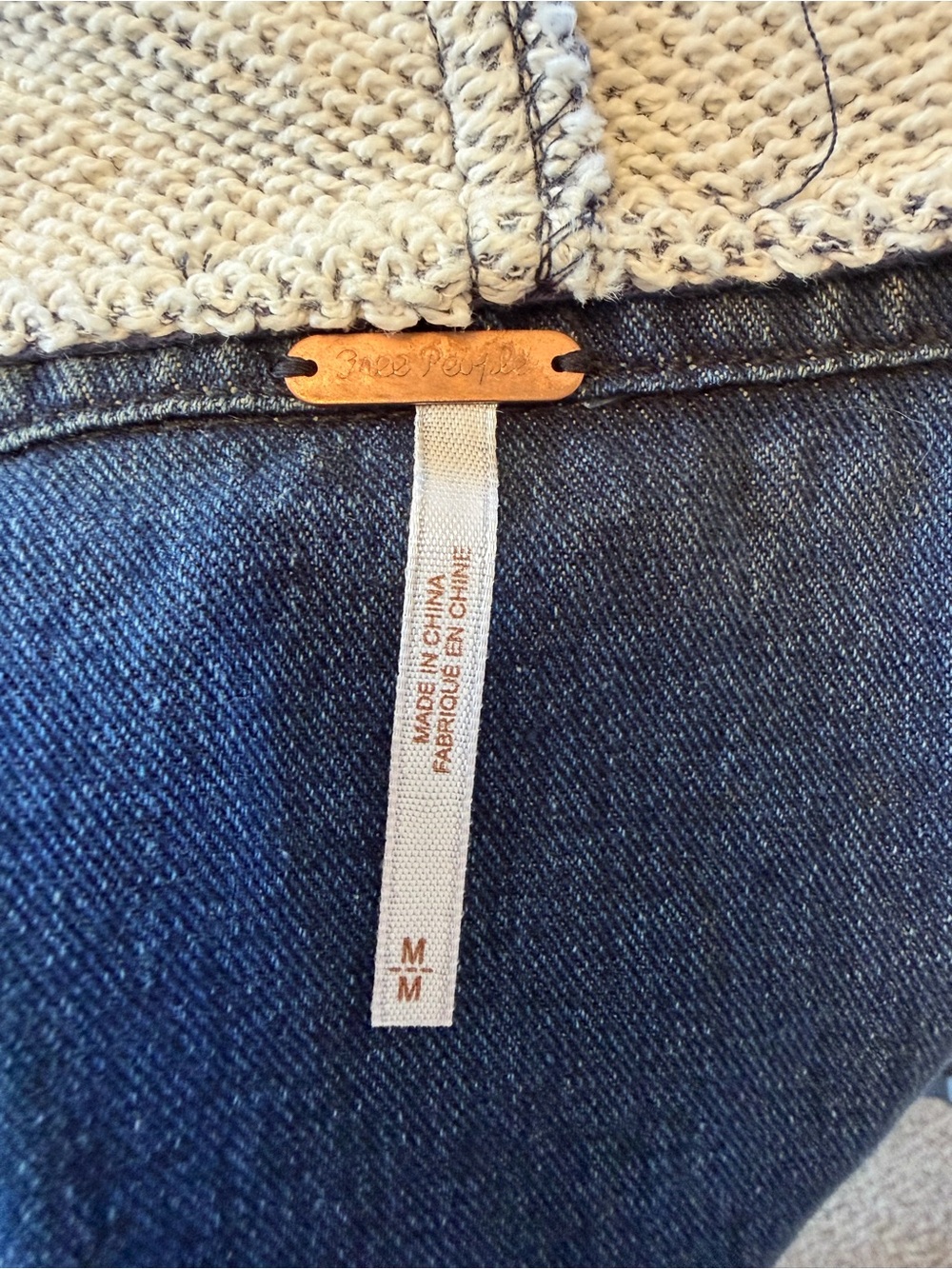 Free People Distressed Denim Jean Jacket W/ Knit Sleeves & Hood - Picture 12 of 13